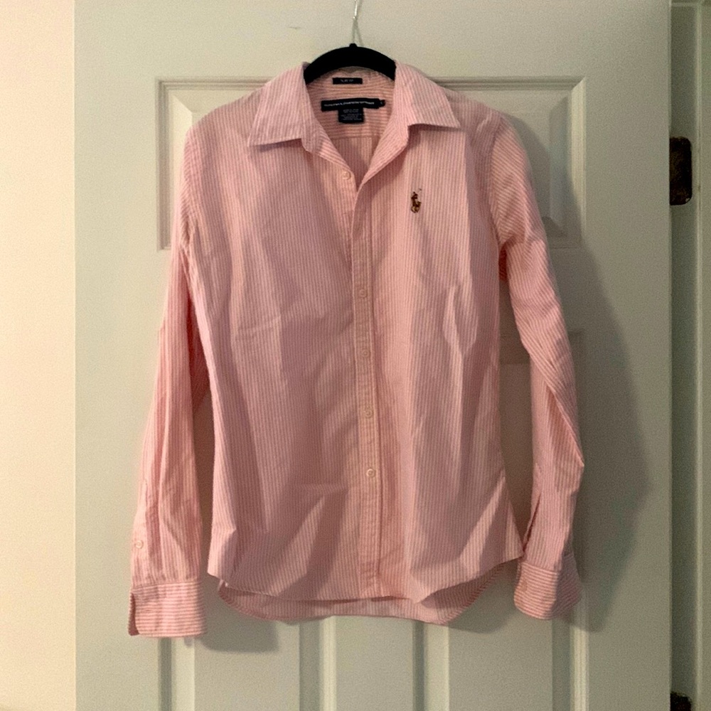 Ralph Lauren sport Pink & White Striped Button Down Sz 8